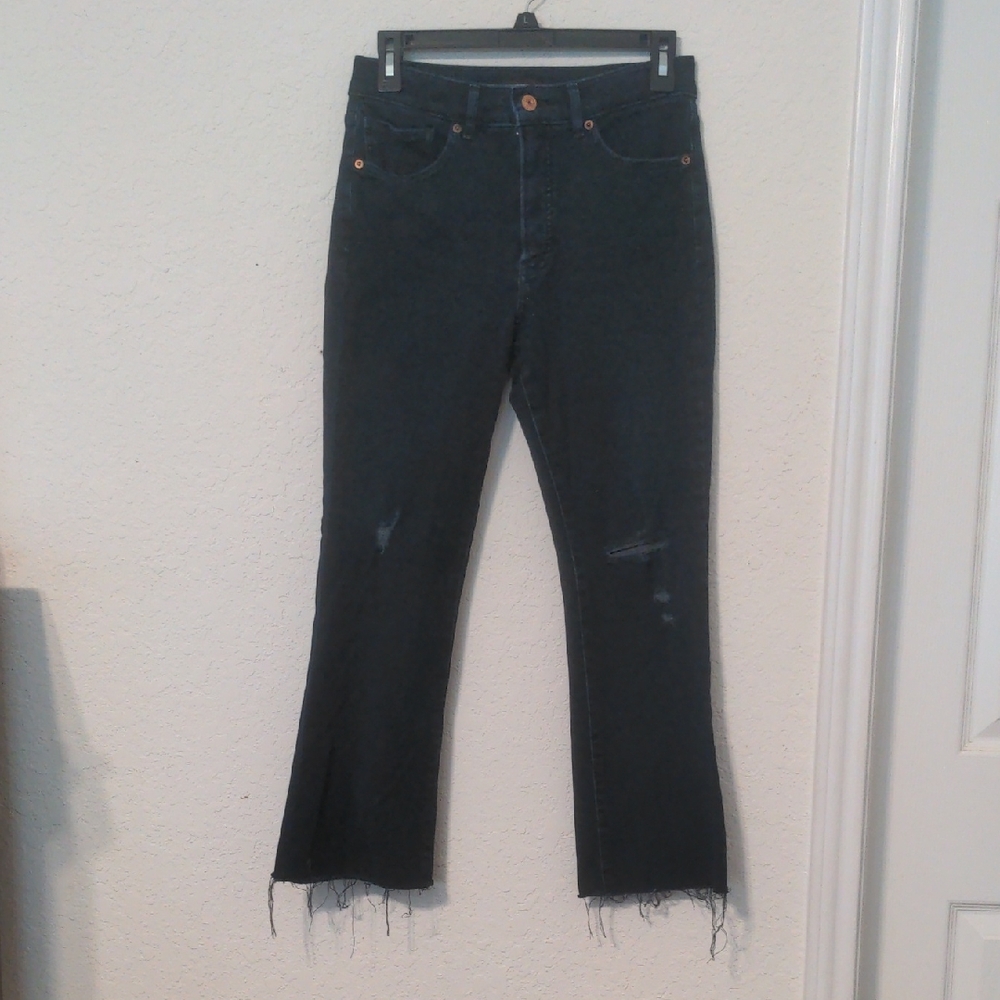 Express Women's Dark Blue Distressed Mid Rise Raw Hem Flare Jeans. Size 6R